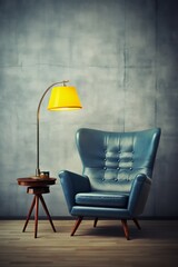 Fototapeta premium Blue leather chair on dark elegant grunge wall texture vertical background, quiet luxury concept
