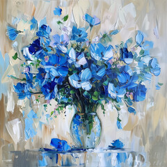 a painting of blue and white flowers in a vase 