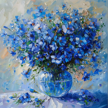 a painting of blue and white flowers in a vase 