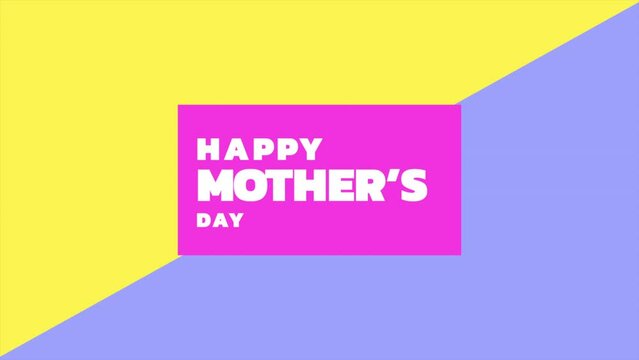 Logo for Mothers Day: vibrant colors (yellow, purple) with pink lettering saying Happy Mothers Day. Celebrates and honors mothers on their special day