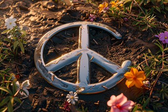A close-up of a metallic peace symbol resting on natural soil, surrounded by a circle of vibrant, blooming flowers on International Day for Mine Awareness.