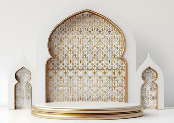 Round stage podium in shining studio, Ramadan themed podium, Eid, Ramadan ornaments.