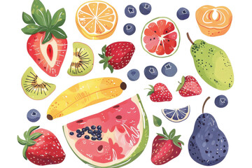 A seamless pattern of a fresh and healthy collection of fruits and berries including apple, orange, strawberry, banana, lemon, pineapple, kiwi, pear, watermelon, cherry, and melon, isolated on white