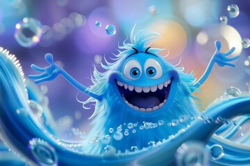 A bright blue cartoon character with a huge smile and friendly eyes standing among swirling shapes in the background