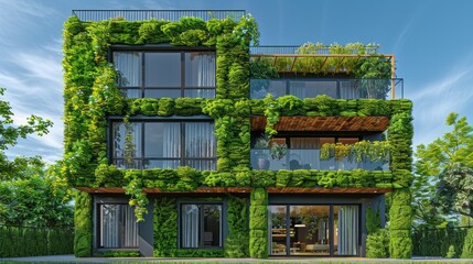 Fototapeta na wymiar Contemporary apartment building surrounded by verdant foliage, with a serene blue sky overhead, 3D visualization of eco-friendly living spaces, realism style, AI Generative