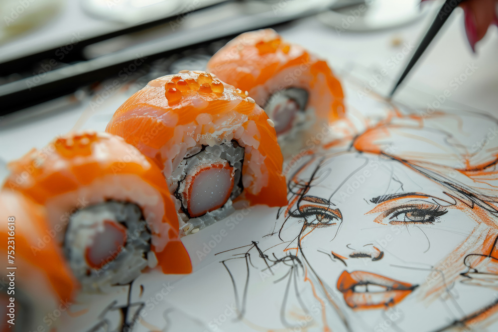 Poster a plate of sushi intricately arranged with a drawing of a woman in the background, blending the real