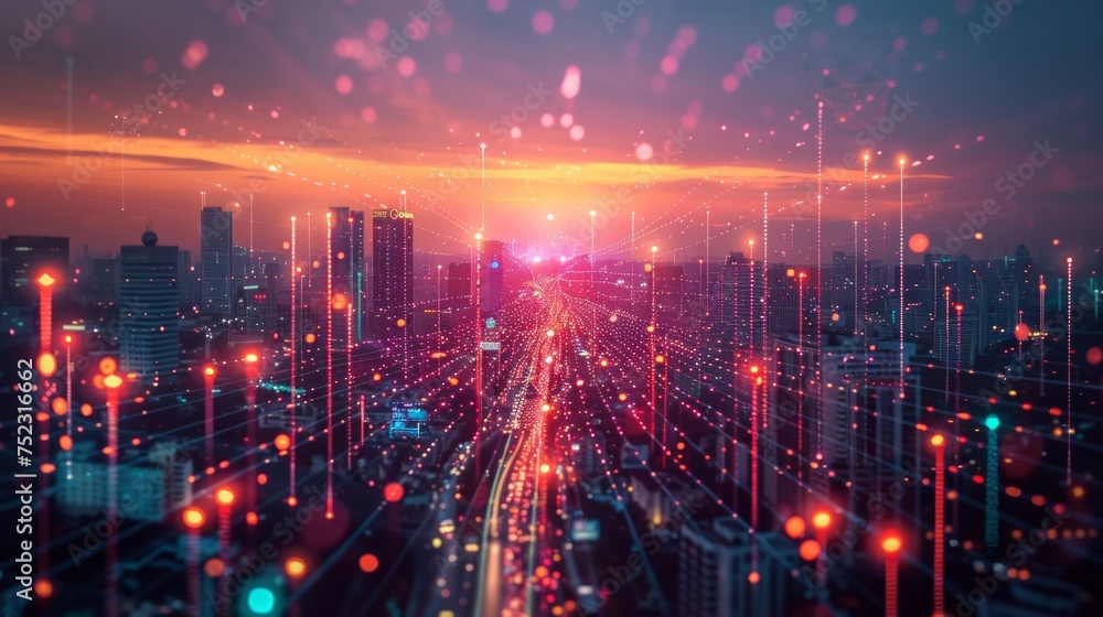 Poster digital marketing technology concept visualized, a vibrant network of icons and data streams represe