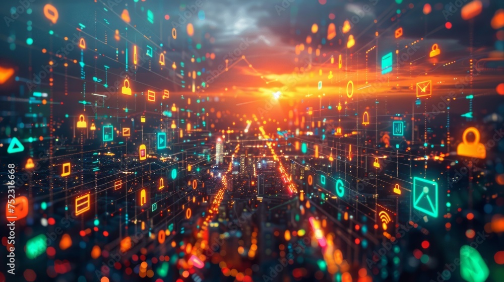 Poster digital marketing technology concept visualized, a vibrant network of icons and data streams represe