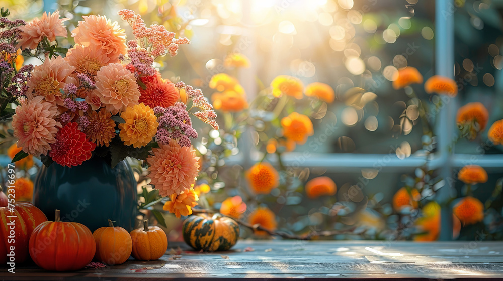 Poster a beautiful vase filled with a variety of colorful flowers sits beside a collection of pumpkins, cre