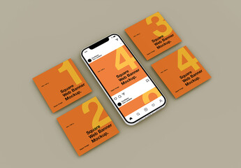Social Media Square Web Banners Mockup With Cellphone