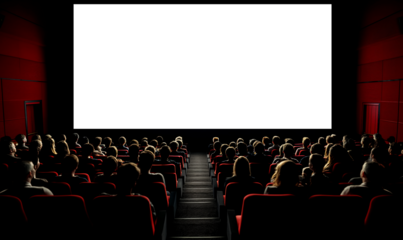 Cinema full of people watching movie , blank screen