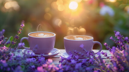 Two cups of cinnamon latte in a lavender garden.  Concept of the outdoor recreation banner, in the garden with copy space