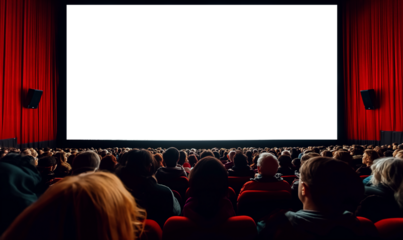 Blank cinema screen full of people watching movie