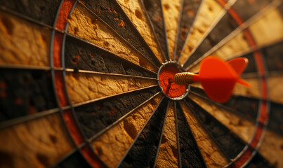 Dart hitting middle of bullseye target in opportunity and goal reaching concepts