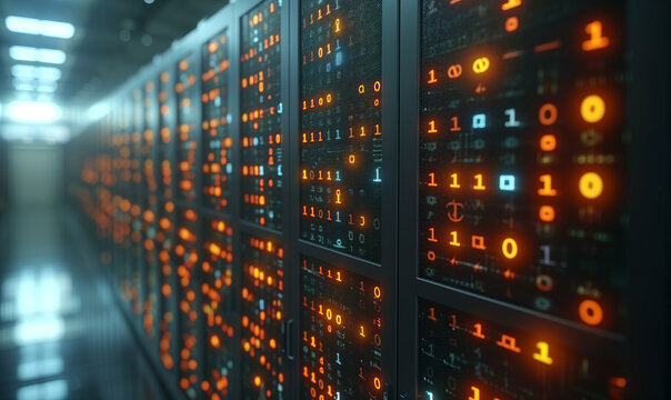 Data center full of racl servers and supercomputers with data flow and computer code