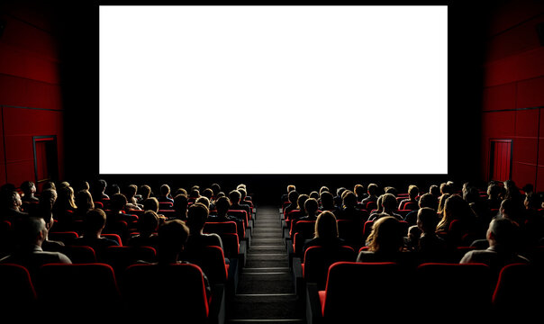 Cinema full of people watching movie , blank screen