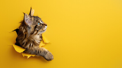 A playful tabby cat with striking eyes looks through a torn yellow paper, suggesting curiosity or playfulness