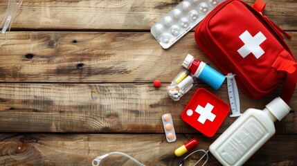 First aid kit essentials displayed on a wooden surface, with a top-down view emphasizing the kit’s variety and organization. The background provides a natural contrast to the brig, AI Generative - obrazy, fototapety, plakaty