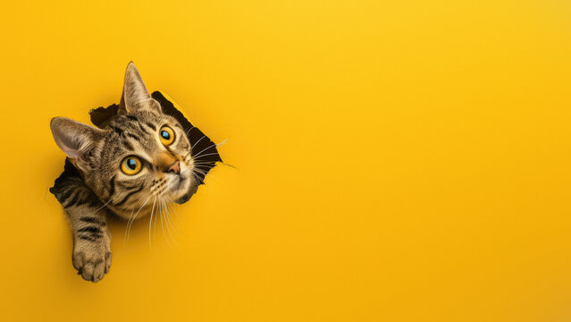 A playful tabby cat with striking eyes looks through a torn yellow paper, suggesting curiosity or playfulness