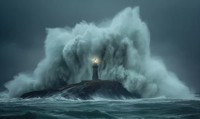 Rolgordijnen White Lighthouse in the middle of the ocean, big waves and storm around the light house, dark clouds, lighthouse sunken by ocean and sea © IBEX.Media