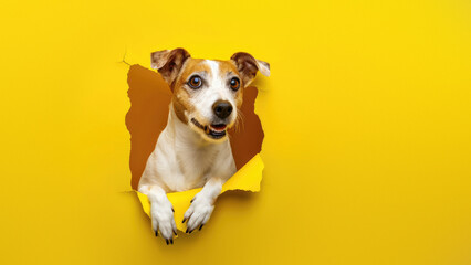 An excited small dog gazes out from a yellow paper rip, conveying anticipation or eagerness