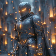 Fototapeta premium Futuristic knight in armor with glowing runes, AI Generative