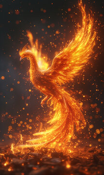 Fire bird phoenix emerging from ashes on a dark background