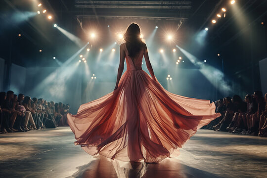 Female model walking on a large luxury stage
