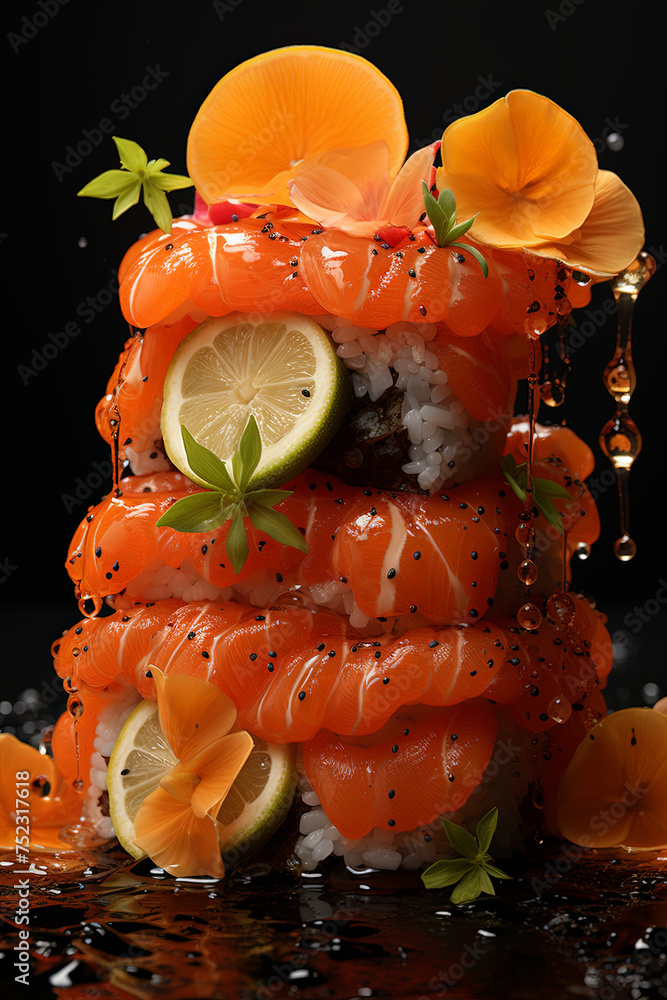 Poster a stunning display of sushi stacked on top of each other with vibrant orange slices and garnishes, c