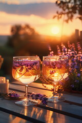Two glasses of lemonade in a lavender garden, golden hour. Summer concept with copy space 
