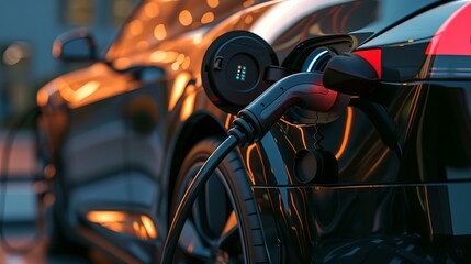 Fototapeta premium Hyper-realistic detail of a power supply cable connected to an electric vehicle at a charging station, AI Generative