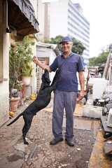 Man, dog and poor poverty in street, lower class and garbage or social economy. Smile, male person and friendly pet in alley with bad infrastructure city, third world or neighbourhood and pollution - obrazy, fototapety, plakaty