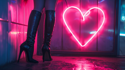 Close-up of elegant high heels against a vibrant neon heart backdrop - 752317856