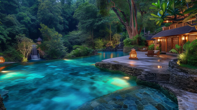 A serene tropical pool glows with underwater lights near a traditional wooden house