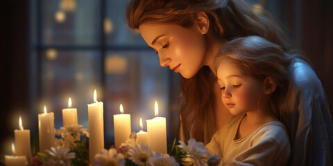 A prayer with candles and flowers, styled in the manner of Madonna and Child, creates luminous scenes. - obrazy, fototapety, plakaty