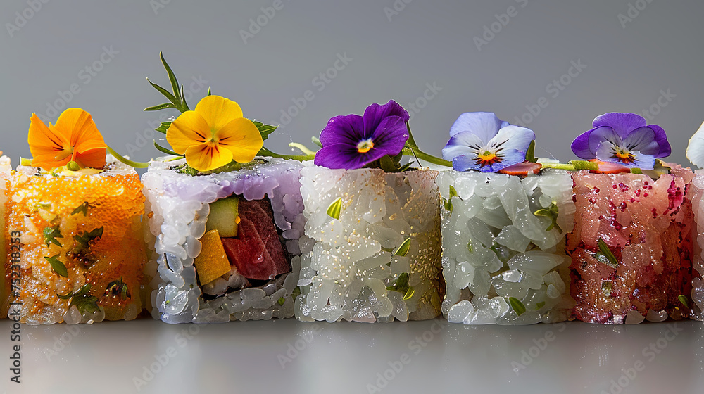 Poster A colorful row of sushi rolls adorned with delicate flowers, creating a stunning and appetizing display