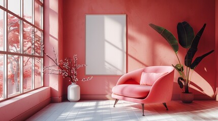 Minimalist concept room, 3D illustration, showcasing a mock-up poster, understated elegance, clean lines, AI Generative