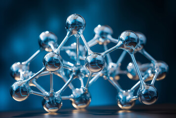 A model of a crystal structure, in dark sky-blue and silver, emphasizes joints and connections.
