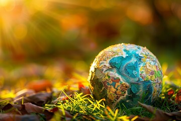 A handcrafted globe made of recycled materials, resting on a bed of fresh, green grass under the gentle morning light of Earth Day.
