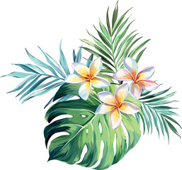 Bouquet of tropical flowers. Plumeria, monstera, palm. Jungle, exotic. Bright flowers