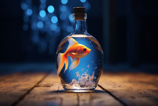 A molecularly styled fish shaped bottle floats in the water.
