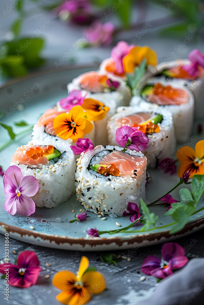 Poster a plate of sushi adorned with beautiful flower petals, creating a harmonious blend of colors and tex