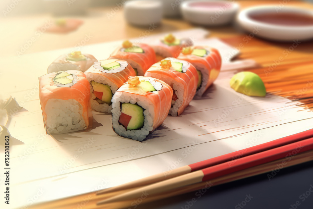 Poster a close-up view of beautifully arranged sushi pieces on a table, accompanied by a pair of chopsticks