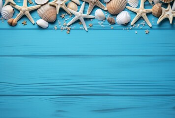 Skillful arrangement of seashells and starfish on a blue wooden floor, in a clean design. - obrazy, fototapety, plakaty