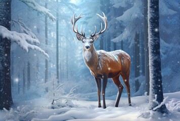 With hyper-realistic animal illustrations, a deer stands in a winter forest covered in snow.