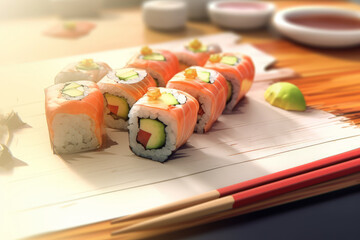 A close-up view of beautifully arranged sushi pieces on a table, accompanied by a pair of chopsticks ready to be picked up and enjoyed - Powered by Adobe