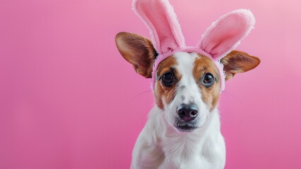 a puppy wearing a bunny hat that says happy. - obrazy, fototapety, plakaty