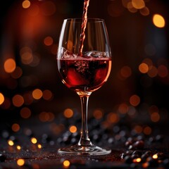 wine pours into a glass dark background