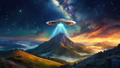 UFO alien invasion, a spaceship above mountain, spacecraft flying object