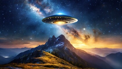 UFO alien invasion, spaceship above mountain, spacecraft object